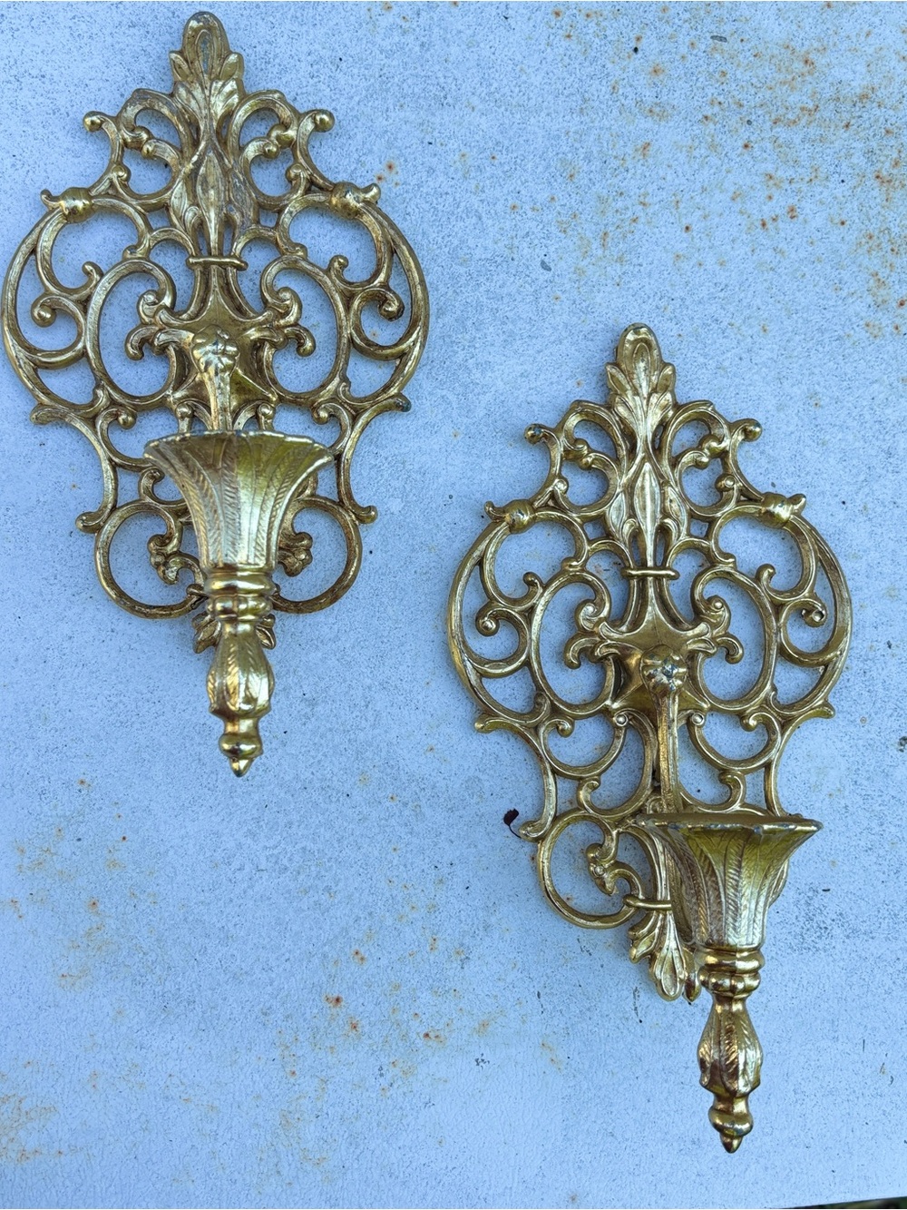 Vintage Pair Gold Ornate Metal Hollywood Regency Wall Sconce Candle Holders